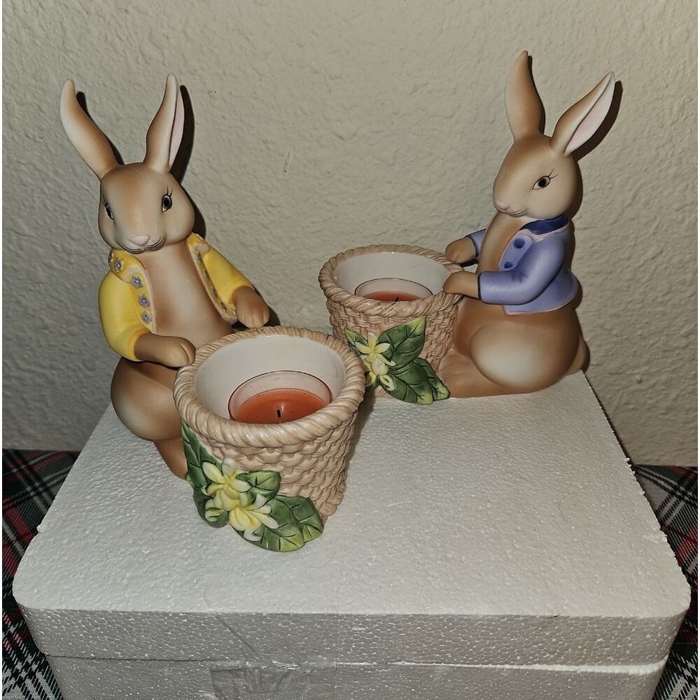 PartyLite Easter Bunny Bertie & Bea Votive Candle Holder Holiday Table Decor Set - Picture 11 of 13